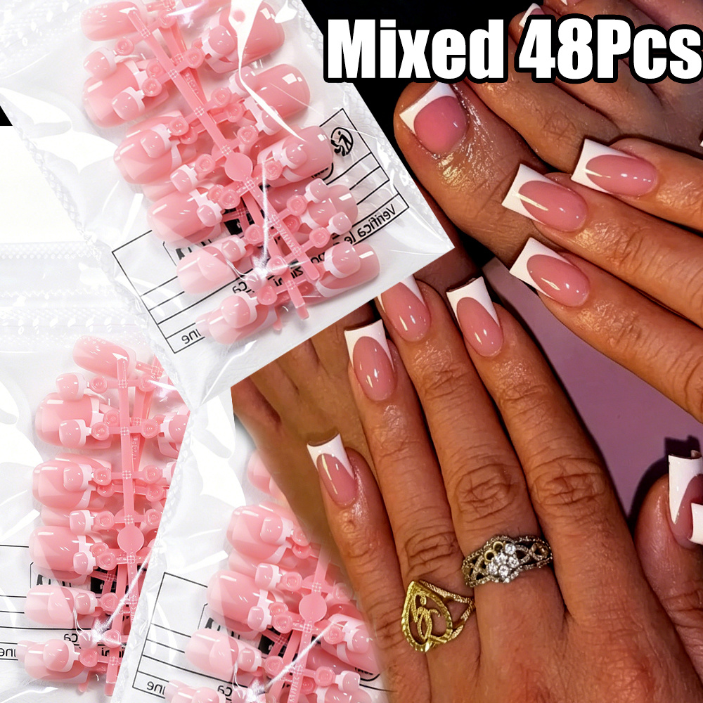 TEMU 48pcs/set Hand&foot Nude Pink French Short Square Press On Nails White-edge Nude Pink Fake Nails Full Cover Glossy Square Manicure Tips
