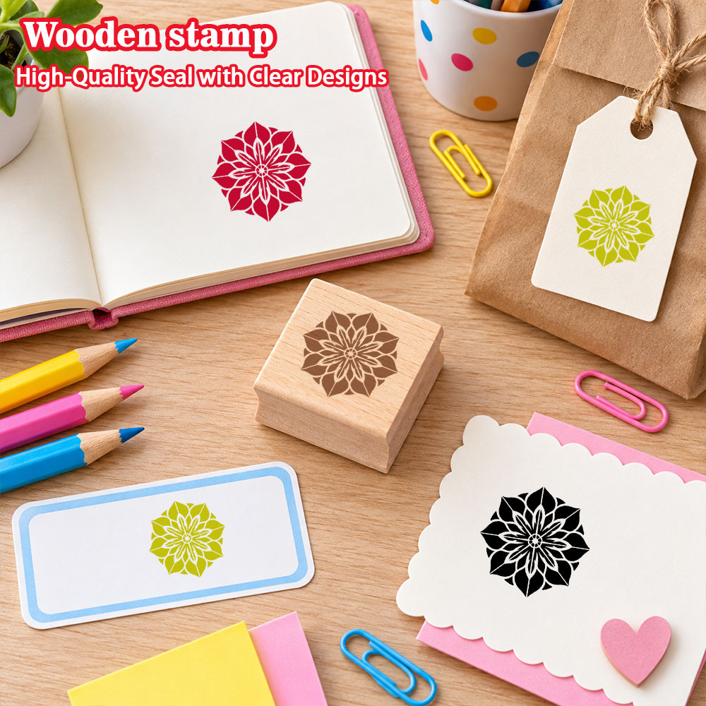 Fashion Eight-Directional Geometric Floral Square Wooden Rubber Stamp
