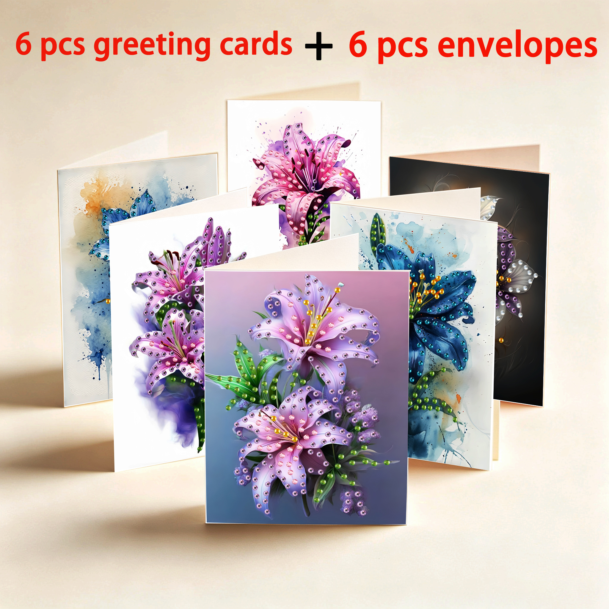 TEMU 6pcs, Watercolor Floral Diamond Painting Greeting Cards With Envelope, 6 Styles, Suitable For , Thank You Cards, Plant Thank You Cards, Suitable