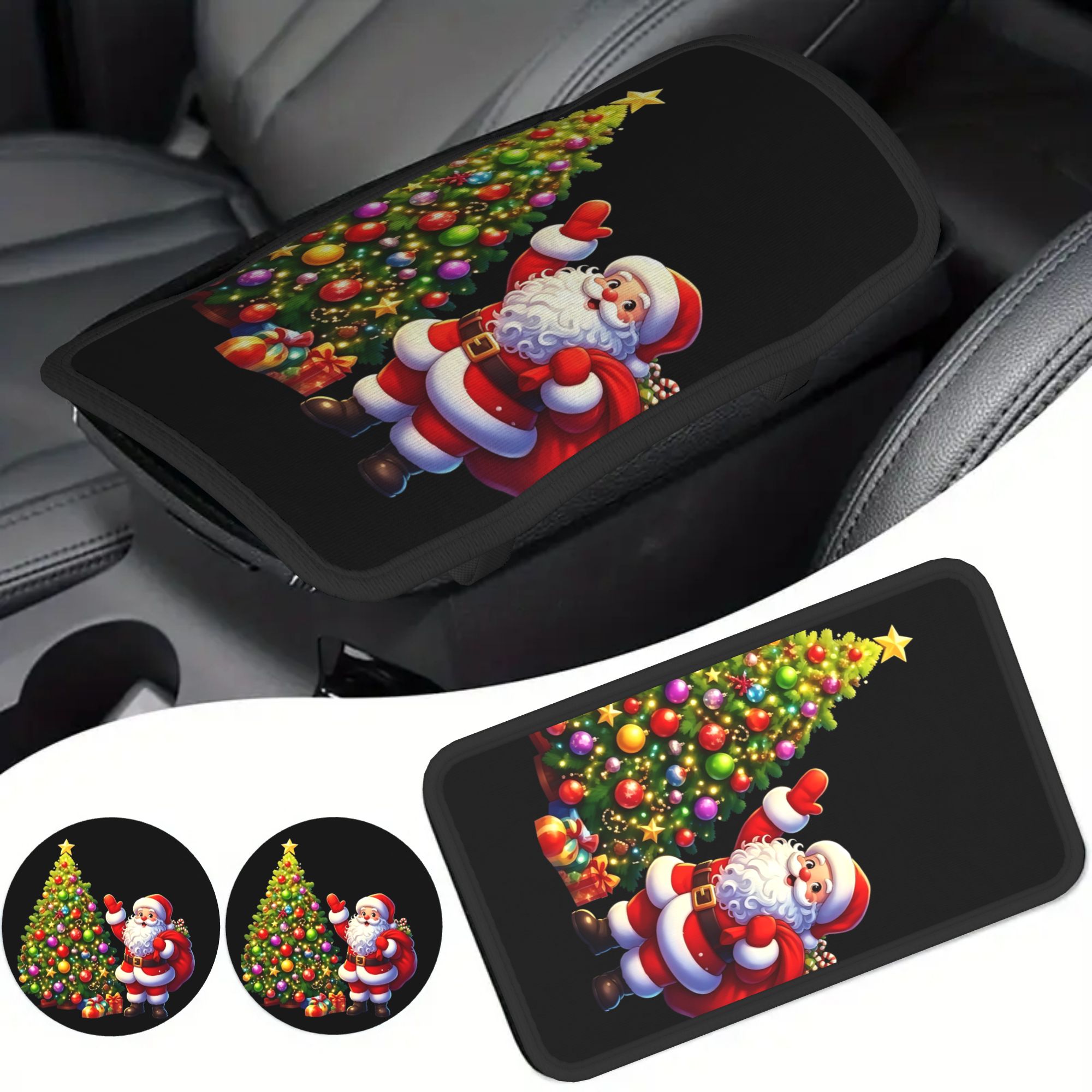 TEMU 3pcs Armrest Box Cushion cup Holder Santa Claus Waving A Decorated Glowing Christmas Tree With Wrapped Holiday Gifts Suitable For Cars, Trucks,