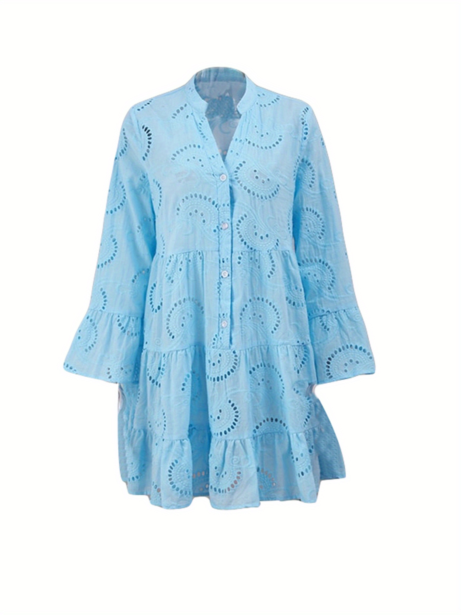 womens elegant blue eyelet midi dress v neck long bell - Temu