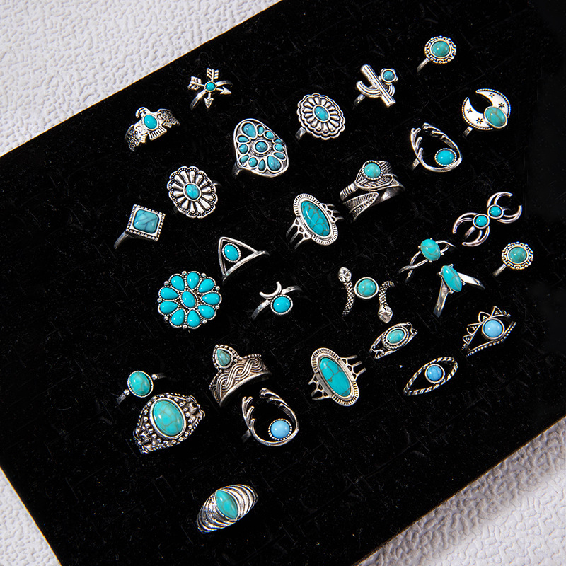 TEMU 3pcs Fashionable Retro Turquoise Women's Ring With Ethnic Style Oval Geometric Ring