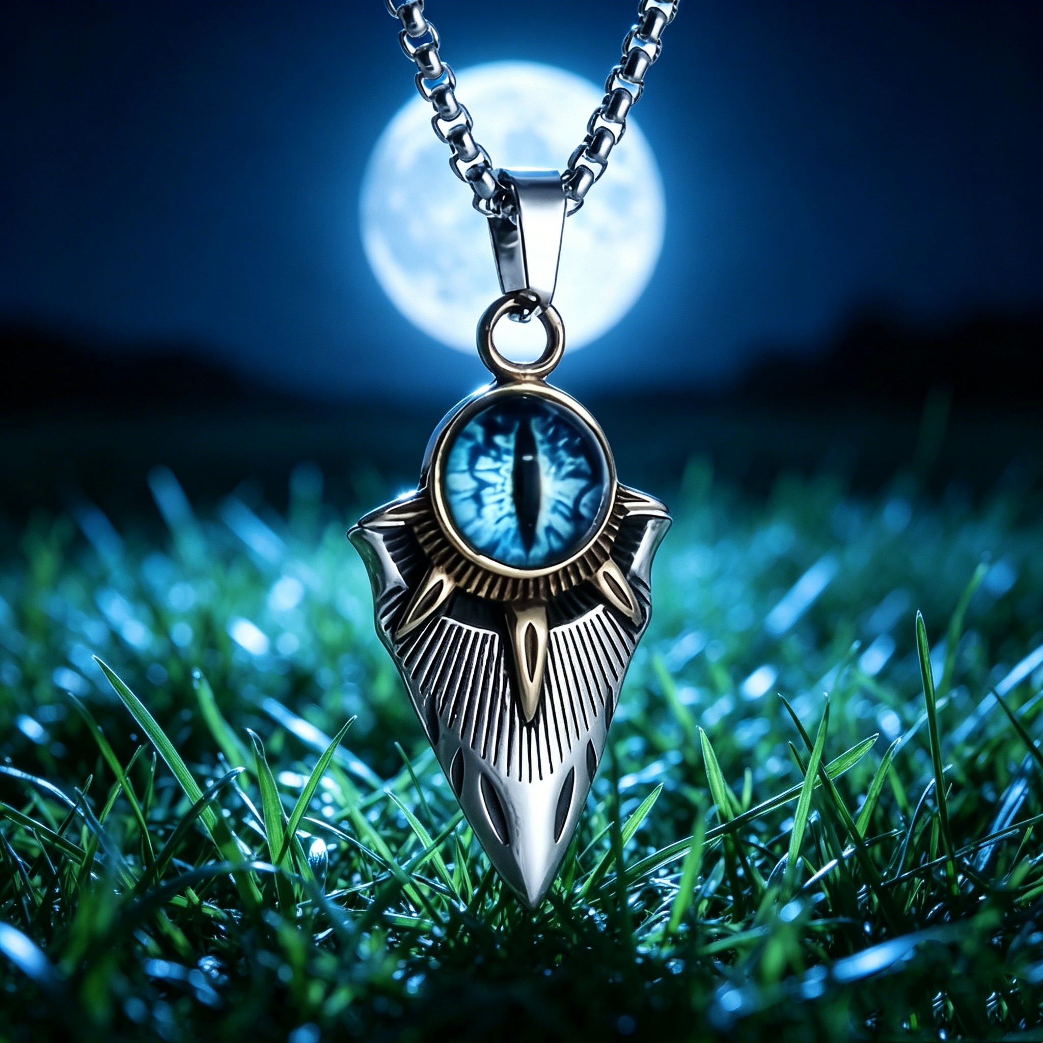 Women's Blue Eye Shield Pendant Necklace, Vintage Style