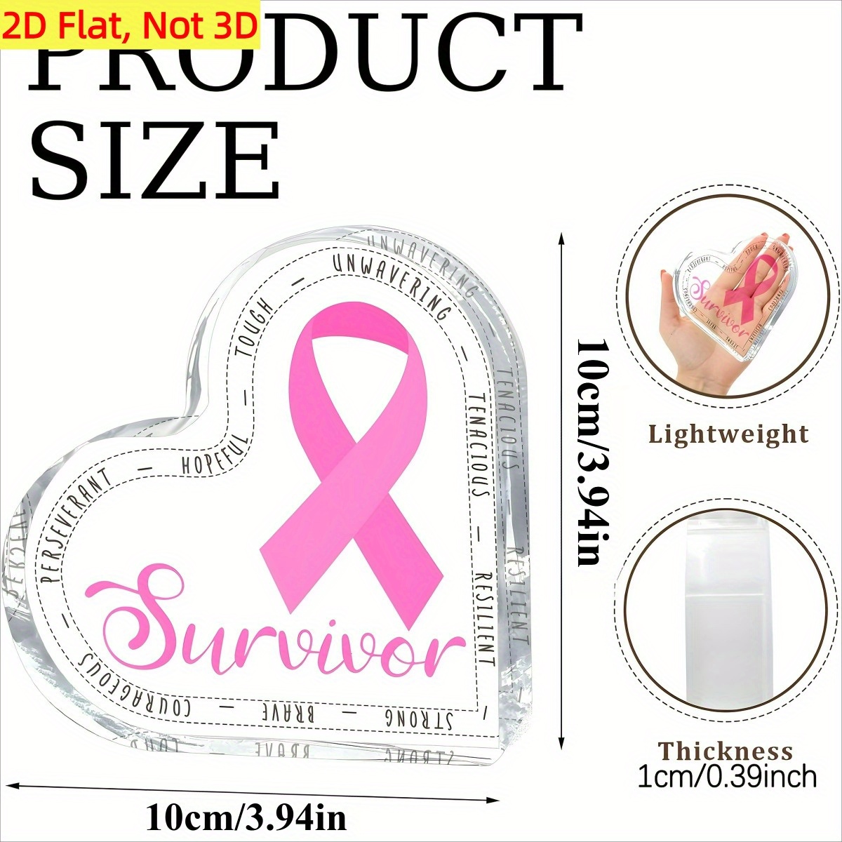TEMU 2d Flat, 1pc Breast Survivor Inspirational Acrylic Heart Plaque With Pink Ribbon & "survivor" Text - 2d Flat Motivational Sign For Women,