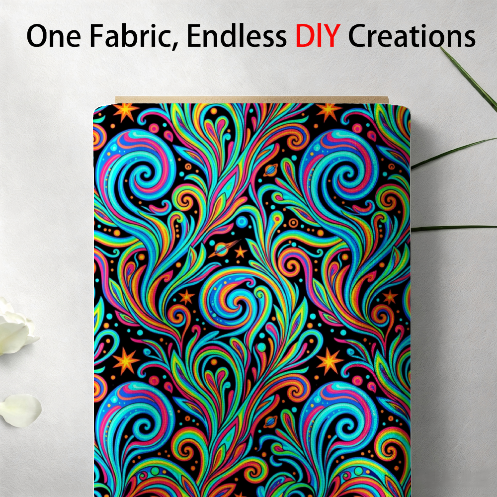 TEMU 1pc Neon Psychedelic Swirls & Stars Print Fabric - Pre-cut Suitable For Quilting, Sewing, , Diy Crafts, Dresses, Bags, Accessories | Hand