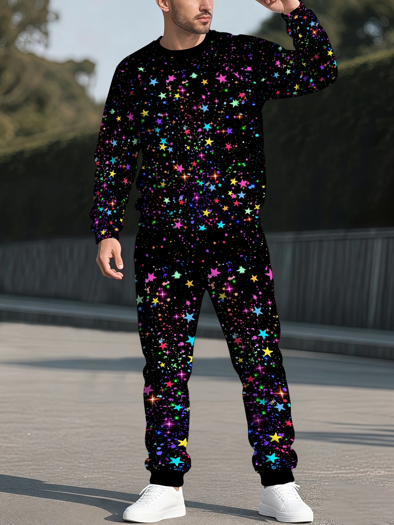 item picture printed design not textured cool and colorful   print all over decorative element mens crew neck sweatshirt and long pants 2pcs set