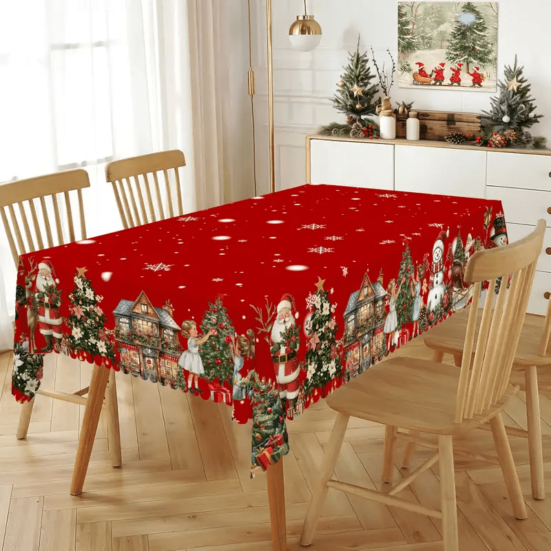 TEMU 1 Red And White Christmas Tablecloth Featuring Santa Claus, A Snowman, And Reindeer Patterns, With Scalloped Edges. Made Of Rectangular. Machine
