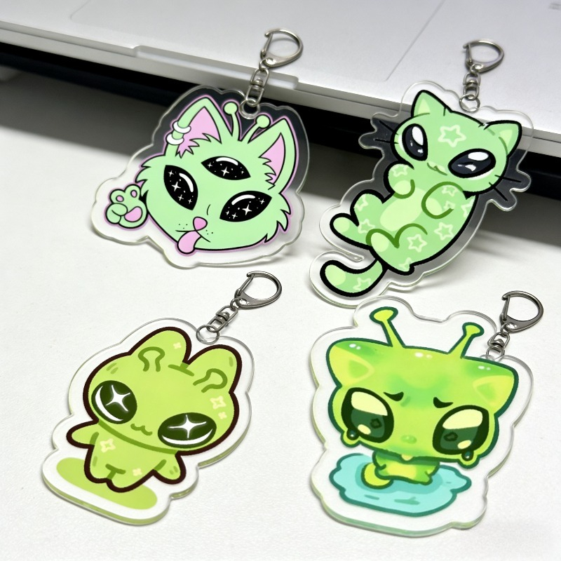 TEMU 2d Flat, 2d Flat 4pcs Acrylic Keychain Set, Green Cat Cartoon Keyring, Pixel Graffiti Abstract Style Pendant, Backpack And Car Key Accessories,