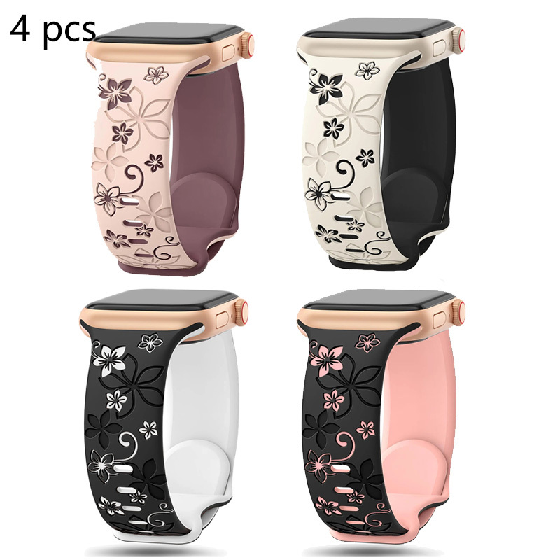 

4pcs Miohhr Floral Engraved Silicone Watch Bands, Strap With Clasp, For Apple Watch Series Se/10/9/8/7/6/5/4/3/ultra/2/1, Women's Cute , With Valentine's/father's Day/christmas/birthday Gift