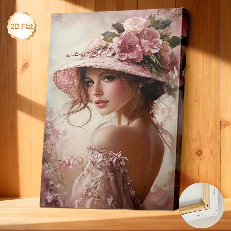 TEMU Art mural sur toile encadrée, 1 pièce, plat 2D, avec cadre, portrait d' avec chapeau floral et roses roses, décoration murale, parfait pour la