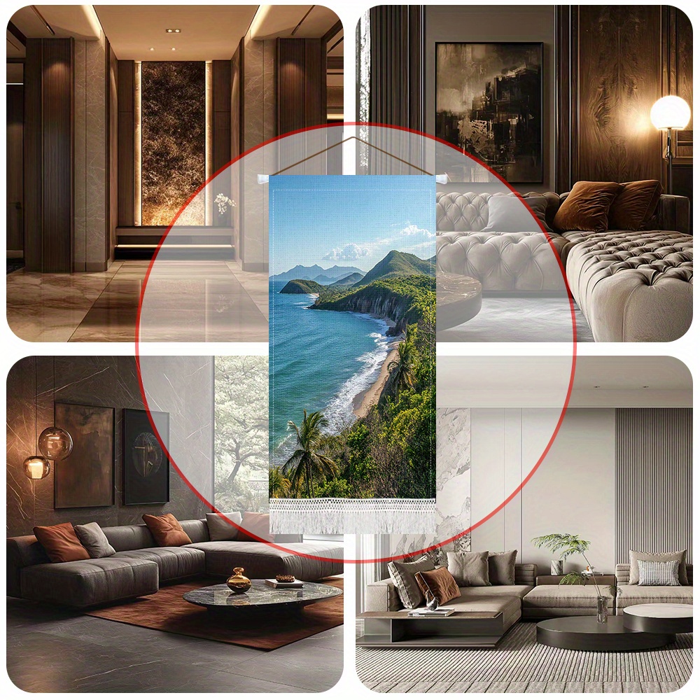 item picture seaside scenery printed tassel wall hanging coastal beach scene with palm trees and ocean waves   bedroom or living room decor adds   to   bedroom wall decor   flowing design beach theme decor