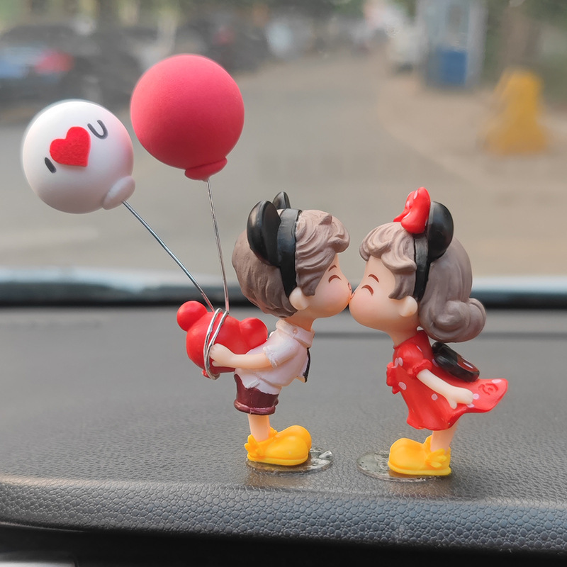 

2pcs Set Cute Couple Cartoon Dolls - Resin Car Decor For Center Console & Mirror, Fit