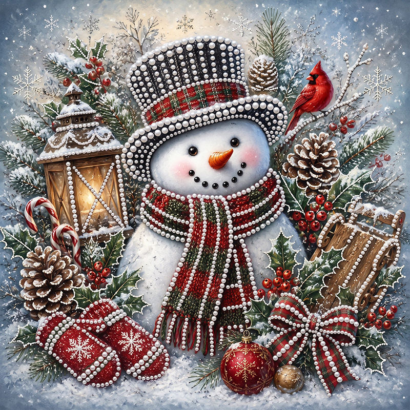 TEMU 1pc Frameless Pearl Painting Kit, Xmas Snowman With Hat Scarf Bird & Decor 9.84 X 9.84 In, 5d Handmade Pearl Art Kit, Adult Wall Decoration Gift