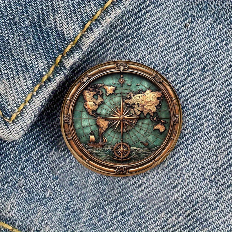 TEMU 1pc Vintage World Map Compass Metal Resin Round Brooch Badge Perfect For Backpacks, Hats, Clothes, Shoes, And Boots Decoration - Unique Design