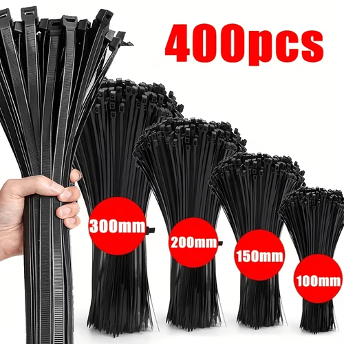400pcs black self locking nylon cable ties in sizes 10 16 cm 15 24cm 20 32 cm 30 48 cable tie combinations tensile strength 18 14kg self locking premium nylon cable tie suitable for indoor and outdoor with