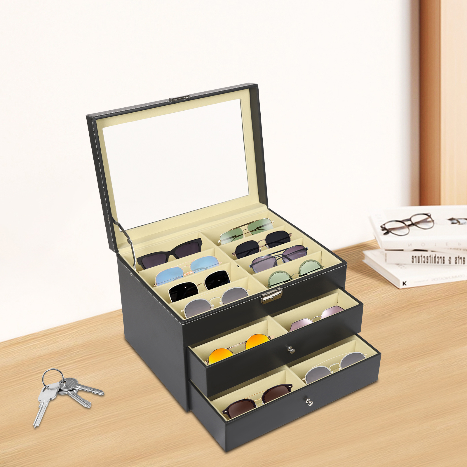 Image of Black Three-tier Eyewear Case With 24 Compartments, Storage Capacity. - To Store And Items. Ideal For Trade Shows, Professional Makeup Artists, And More