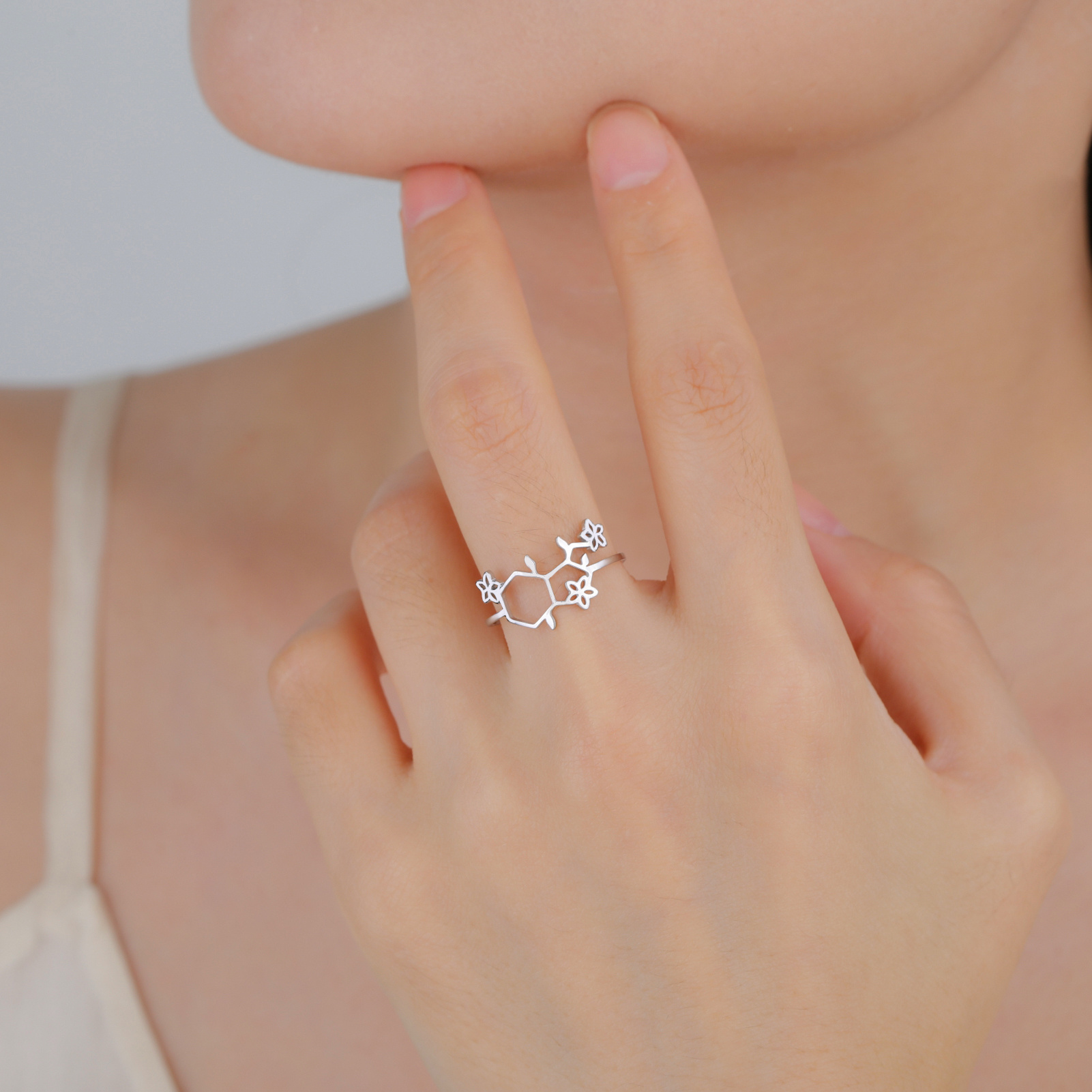 Adjustable Stainless Steel Serotonin Molecule Ring Hypoallergenic Jewelry