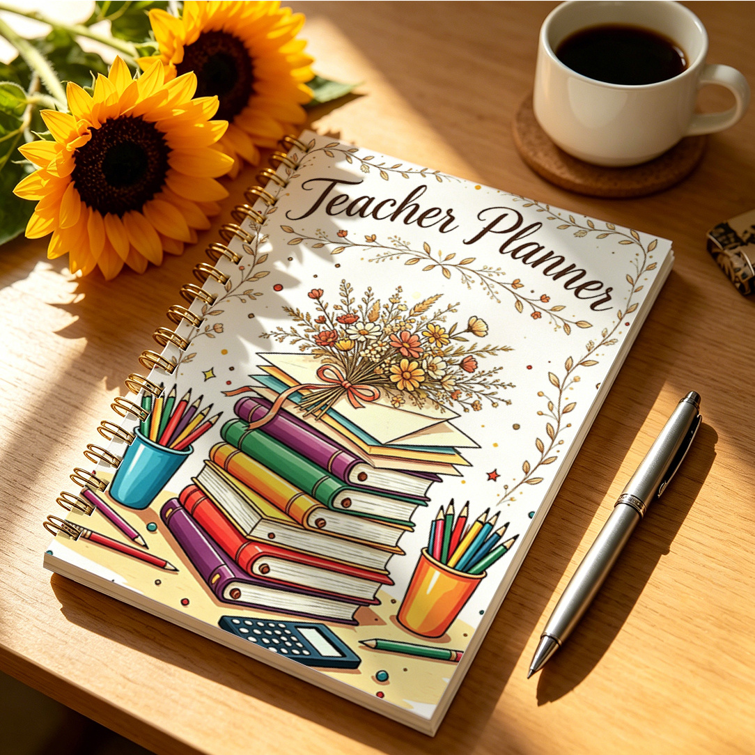 TEMU 1pc Teacher Planner Lesson Planner Floral Book Stack Illustration Cover Design, A5 Ideal For New Teachers To Plan Weekly Lessons And Classroom