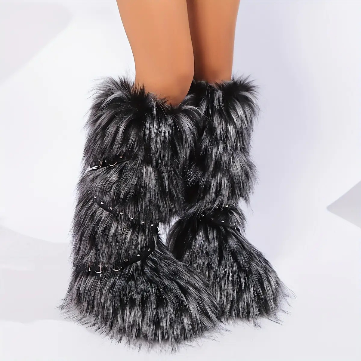 womens motorcycle style chain   winter boots with long flowing   hair burgundy   color pu sole gothic punk boots for riding themed parties non slip warm booties Product details 5