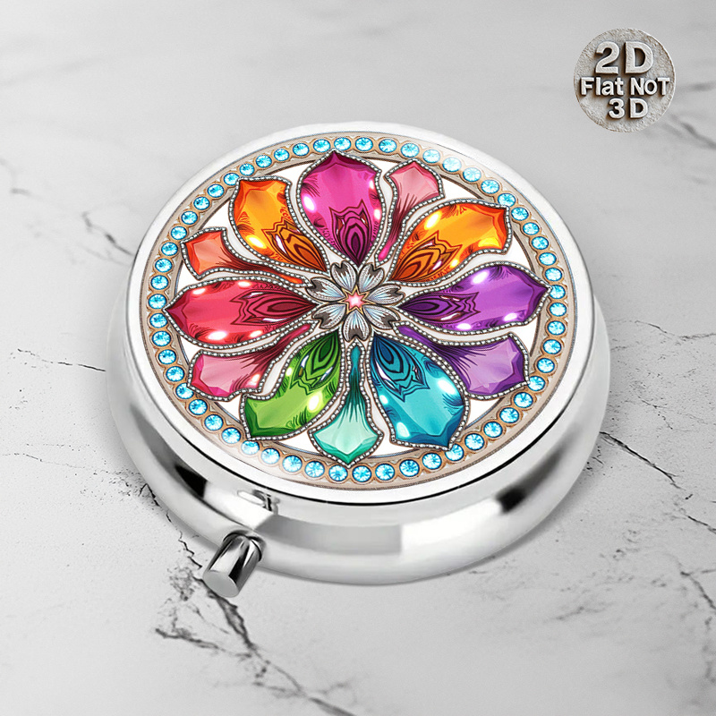 TEMU This Is A Compact Round Metal Pill Container Featuring A On The And Vibrant Petal And Star Designs Inside, Making It Ideal For Halloween,