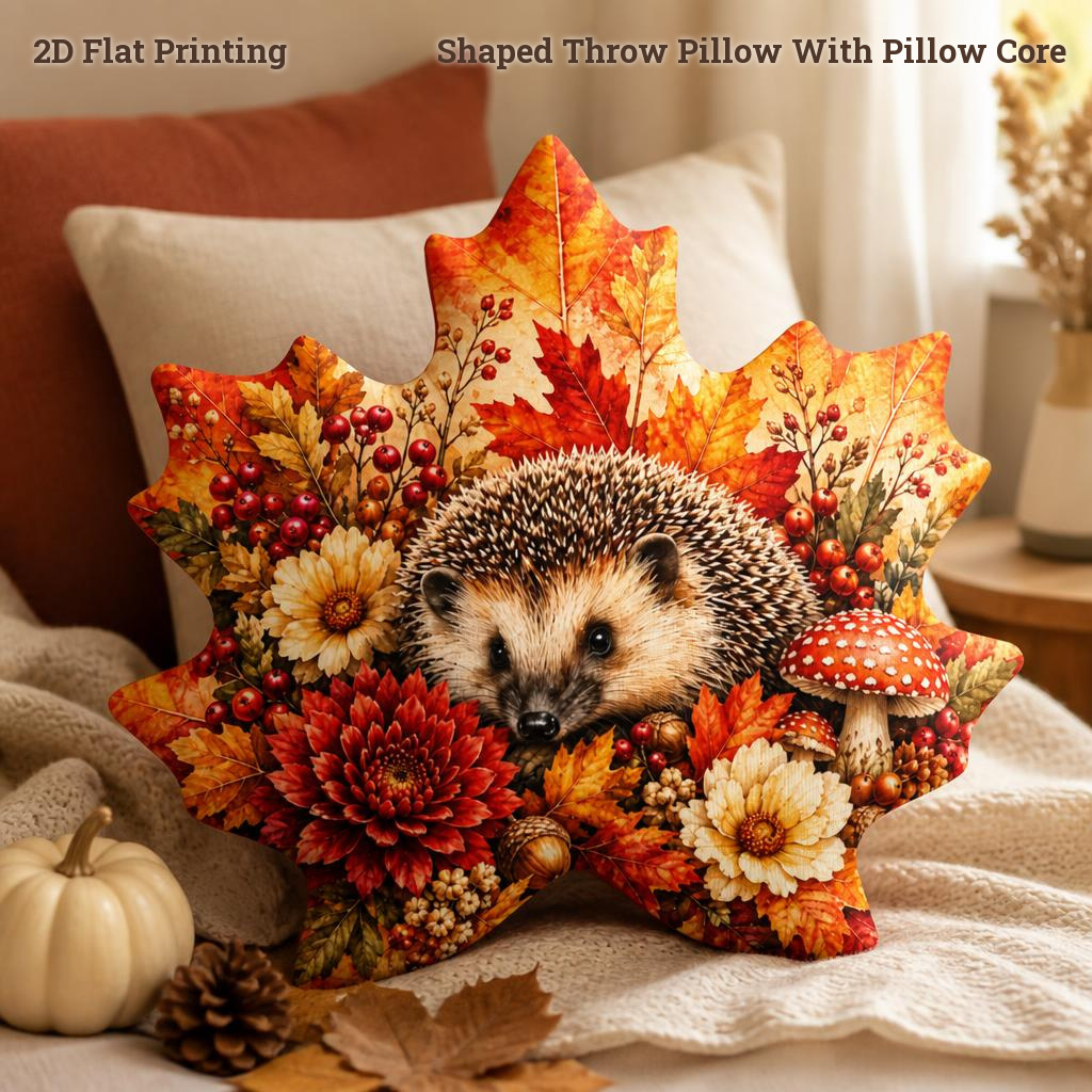 TEMU Coussin décoratif en peluche de hérisson d'automne avec feuille d'érable, cadeau pour des forêts, impression 2D à plat, parfait pour canapé,