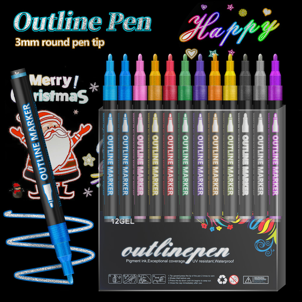 

12 Colors Pen Set, Dual Tip Metallic Marker Pens, For Diy Greeting Cards, Christmas Crafts, Journaling, Art Projects, Scrapbooking - Water Resistant, Pigment Ink, For Teens And Adults