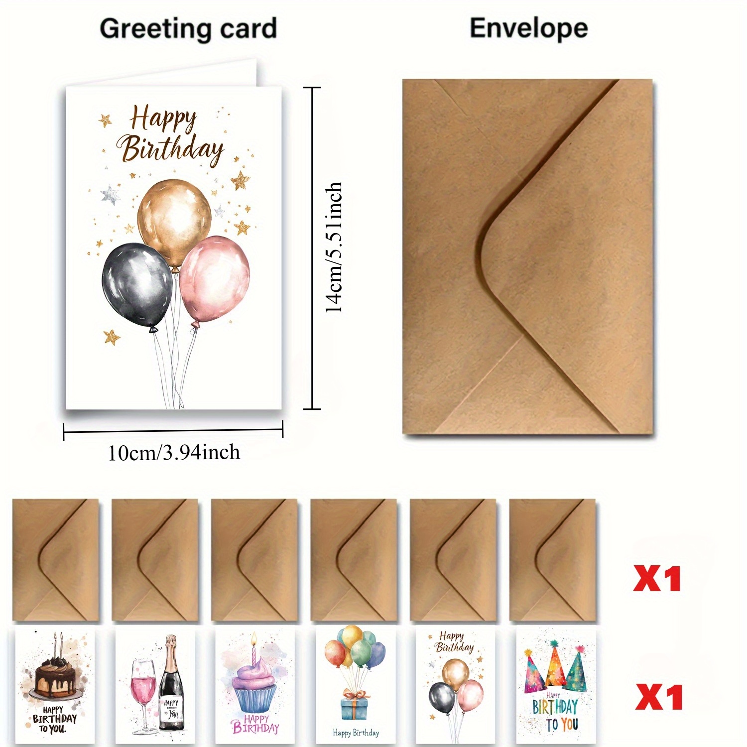 TEMU 12pcs Watercolor Balloon And Birthday Cake Happy Birthday Card Set With Envelopes - Cards For Family, , Colleagues, Pastoral Theme, Solid Color,