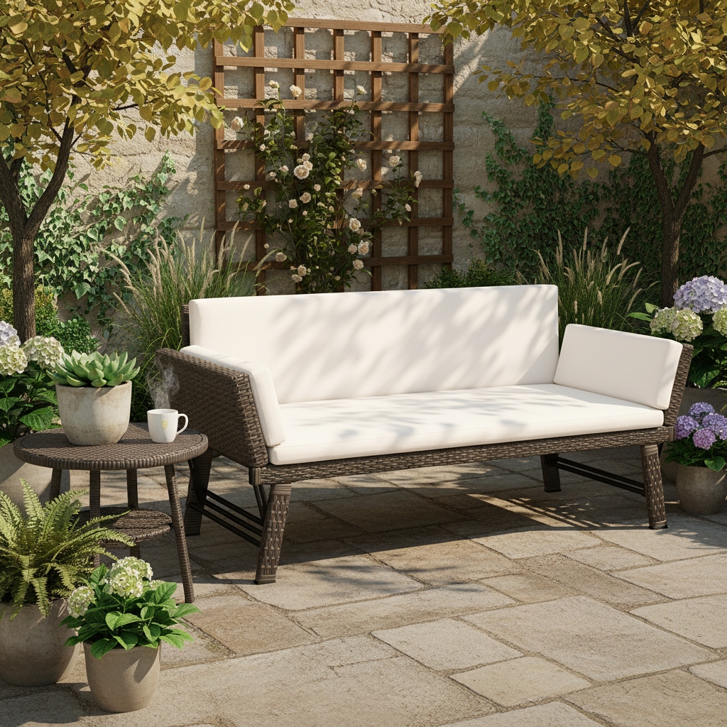 all weather pe rattan convertible outdoor sofa daybed w adjustable armrests detachable cushions heavy duty patio chaise loveseat filled pe frame couch for poolside balcony backyard   from daybed to loveseat