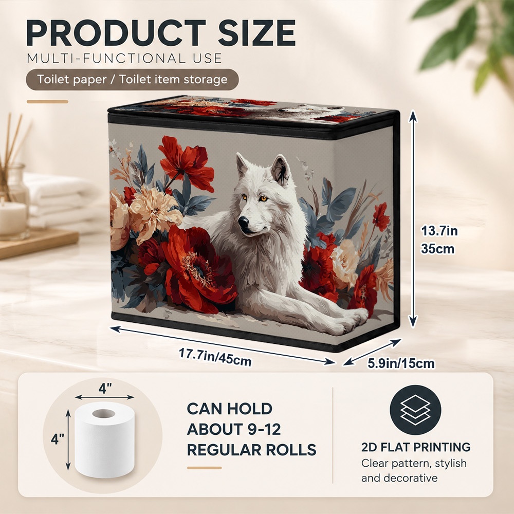 TEMU 2d Flat,1pc Toilet Paper Storage With Wolf Red Flowers Print, Foldable Zippered Basket With Lid For Bathroom Supplies, Towels & Tissue