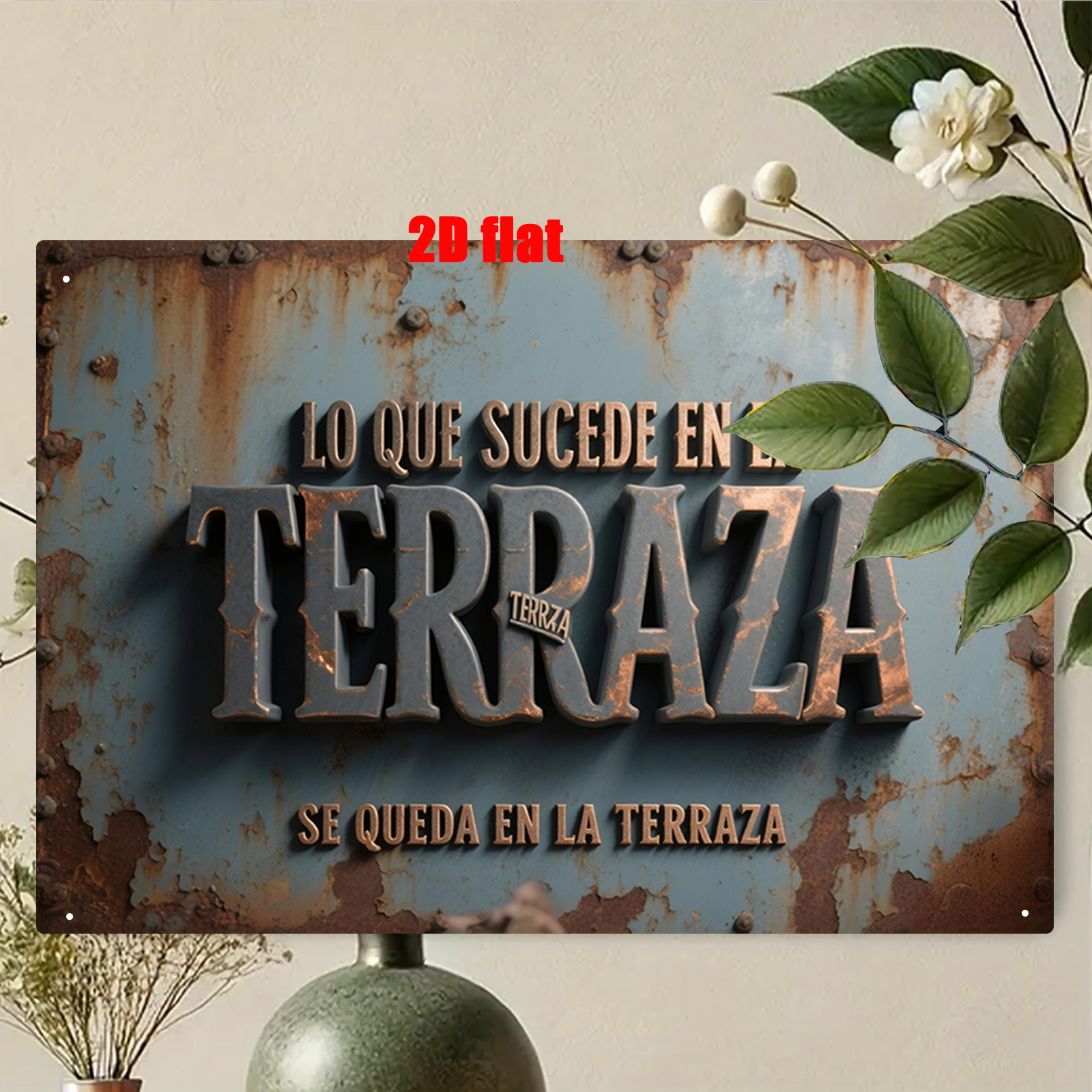 TEMU 2D, 2D - Un letrero artístico de pared de metal 2D, para decoración del hogar, con un letrero de hojalata de patio español adecuado para