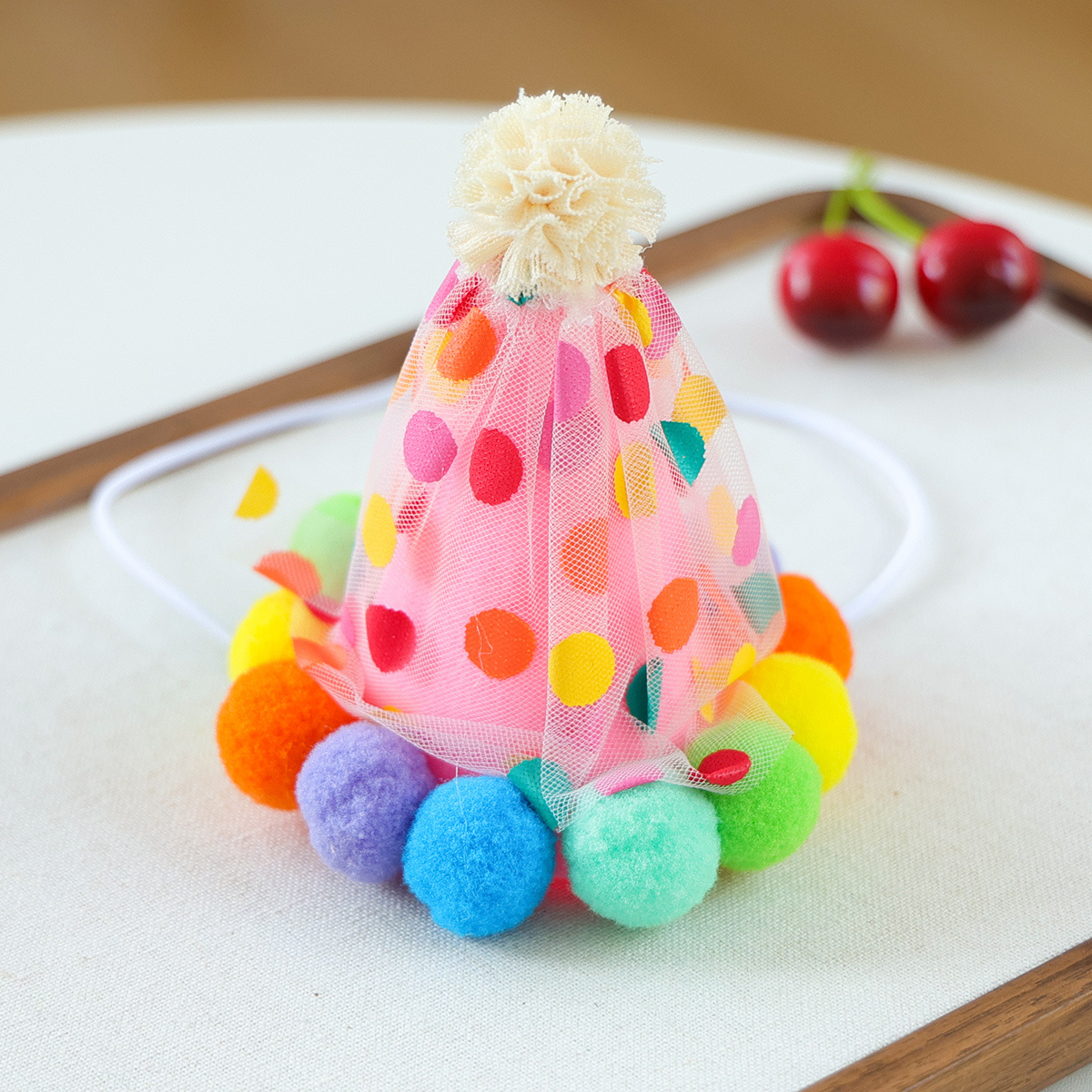 TEMU 1pc Pink Polka Birthday Hat With Colorful Pom-poms Cute Cone Headwear For Small Dogs And Cats