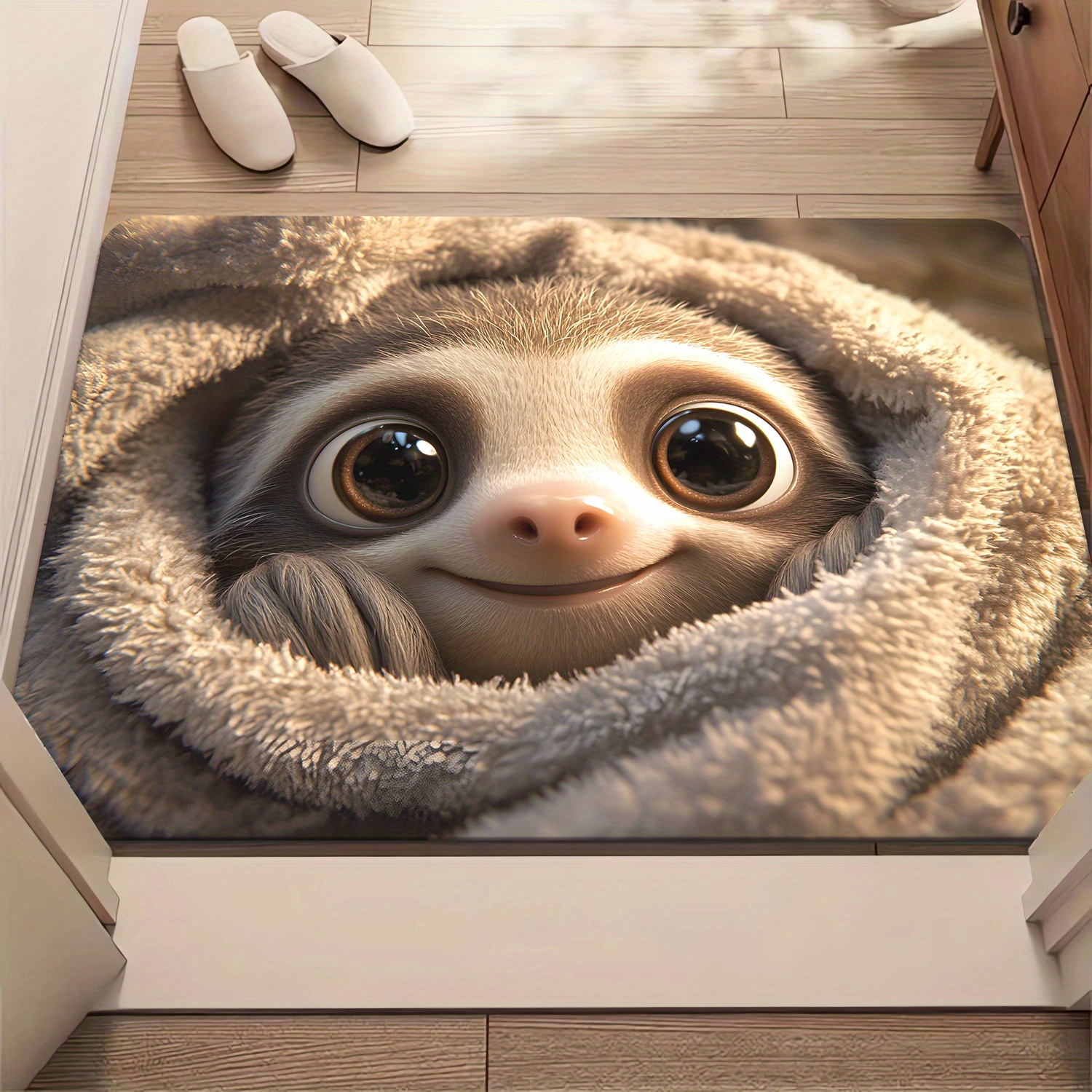 TEMU 1pc Cute Sloth Design Non-slip Absorbent Door Mat - Machine Washable Polyester Mat For Bathroom, Bedroom, Living Room, Entrance, Camping, Picnic