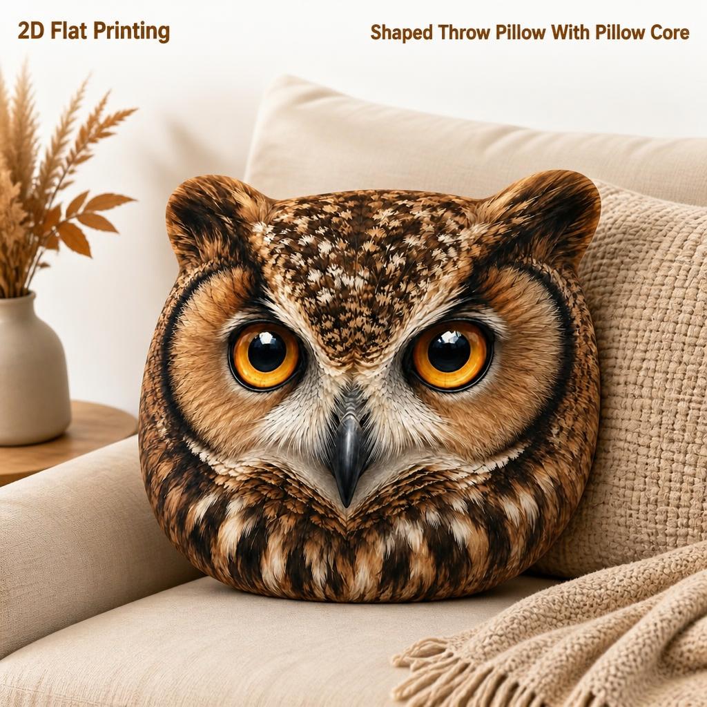 TEMU Coussin décoratif de tête de avec impression 2D à plat, coussin de décoration en peluche pour des hiboux, décor de chalet et de forêt, 2D à plat