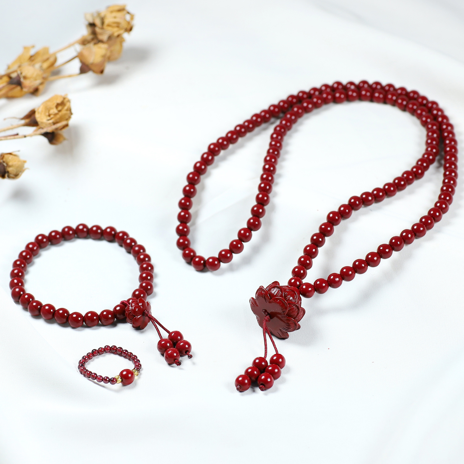 3pc Cinnabar Lotus Jewelry Set for Couples