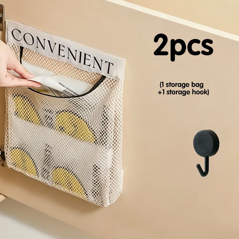 TEMU Lot de 2 pièces (1 sac de rangement + 1 crochet de rangement) : Sac de rangement mural en filet, perçage, sac suspendu multifonctionnel pour