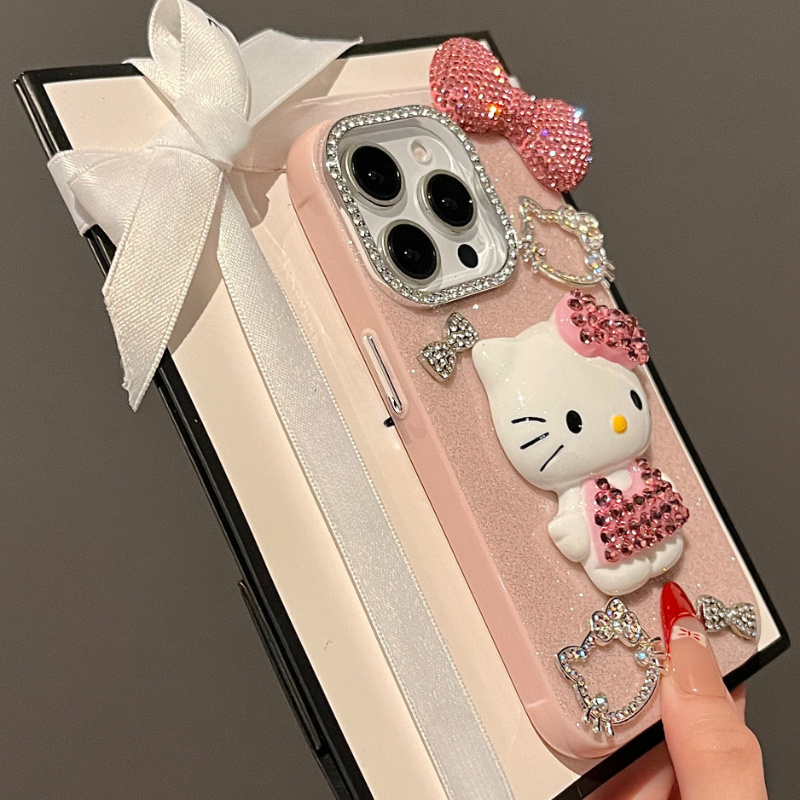 Korean-Style Sparkling 3D Diamond for hello kitty Bow Phone Case Suitable for Iphone 16 Pro Max, New Model for Apple 15 Pro, Perfect for, Light Luxury Design for 14 Pro, And Protective Case for 13