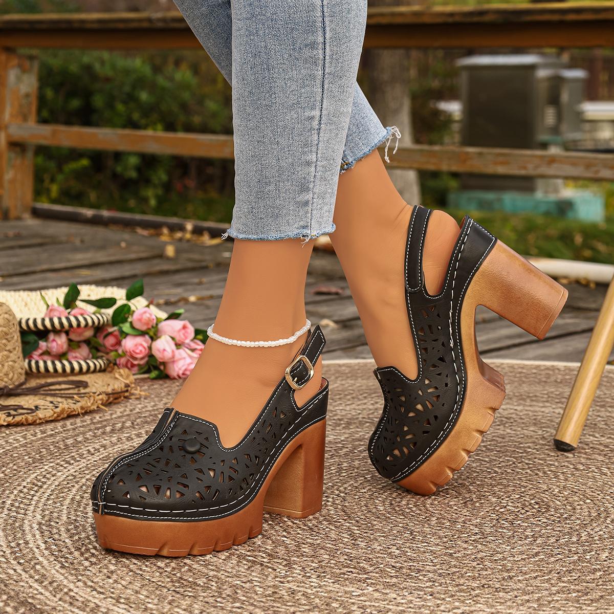 TEMU Sandalias de mujer con tacón ultra , punta cerrada, y una sola correa. Zapatos de mujer con tacón para exteriores, con falda, todo a .