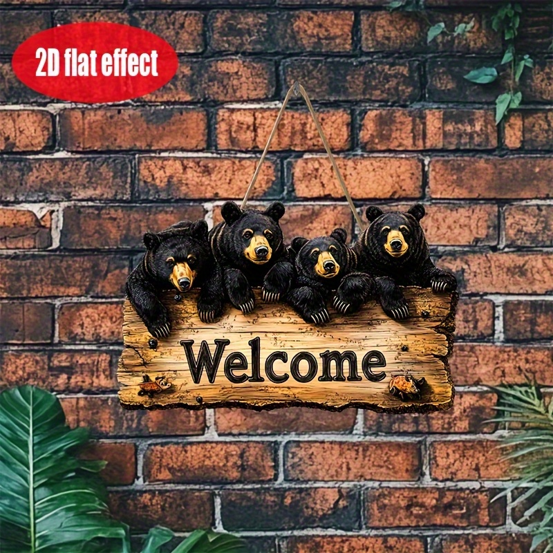 TEMU 2d Flat, Rustic Bear Welcome Sign - Vintage Cabin Wall Decor With Cartoon Bear Family & "welcome" Text, Natural Wood Hanging Plaque Suitable For