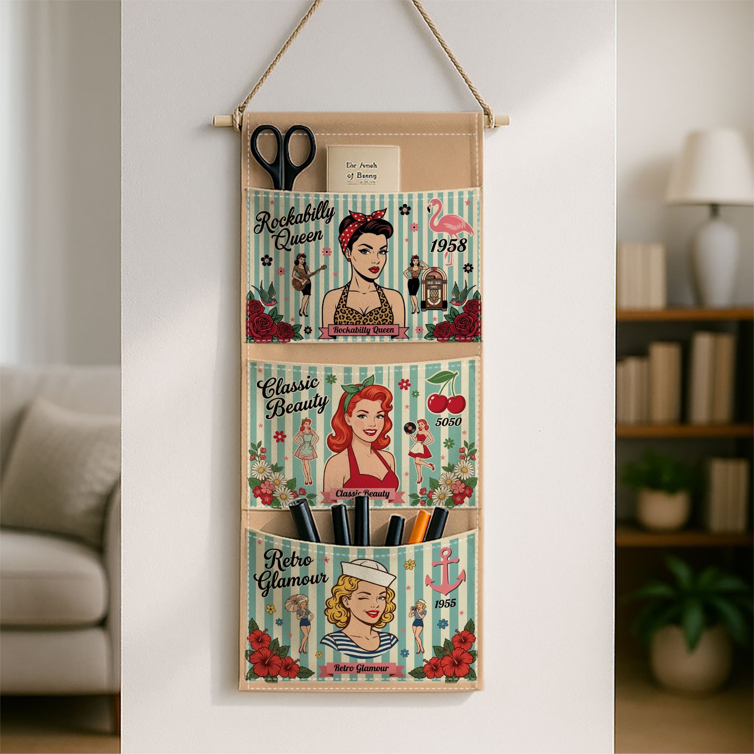 TEMU 1pc Retro Vintage Portrait Wall-mounted Storage Bag 1950s Mint Green Organizer For Home Or Office, Ideal For Hanging Behind Bedroom Doors, Made
