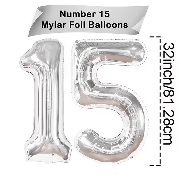 TEMU de papel de aluminio plateado número 15 de 32 pulgadas, de número 15, decoración para de , aniversario, accesorios para fotomatón