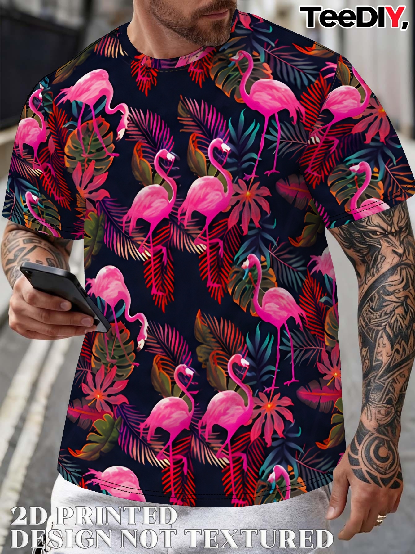 poza articolului tricou de vară pentru bărbați cu mânecă scurtă, design imprimat 2d cu model flamingo roz  , fără textură, imprimare integrală