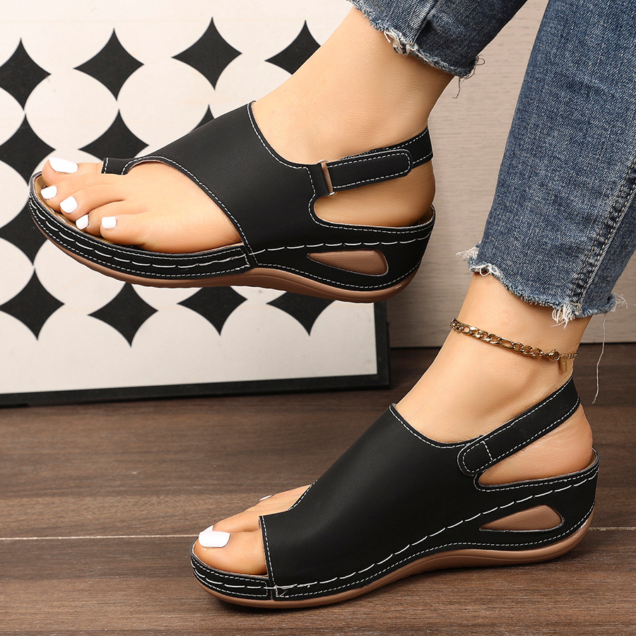 TEMU Summer Plus Size Versatile Wedge Heel Women's Over-the-calf Sandals With Thick Soles For Outdoor Wear, Vacation, Beach, And Seaside, Women Shoes