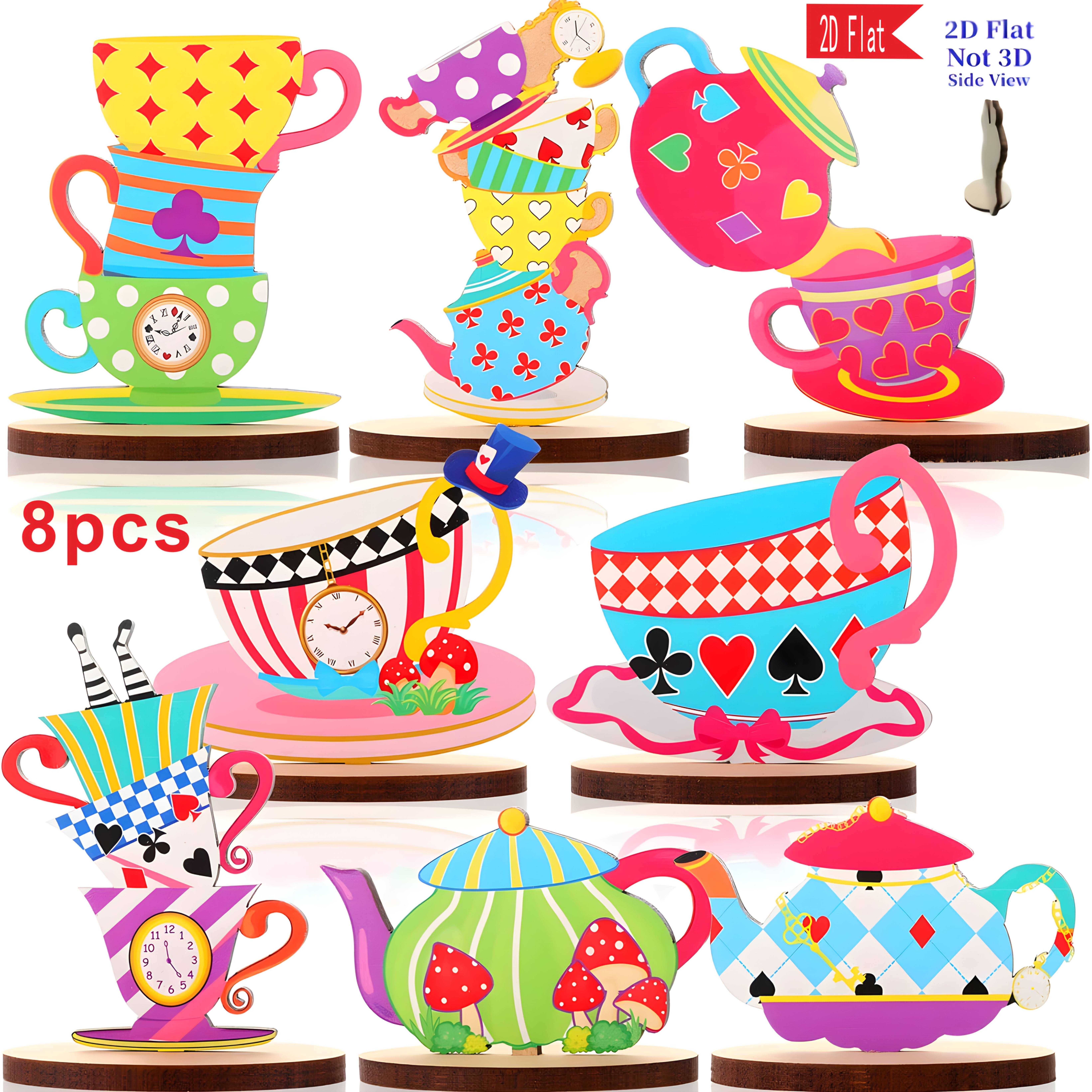 TEMU [2d Plane]set Of 8 Wonderland Desktop Ornaments, Whimsical Wonderland Teapot Table Centerpiece Sign/stacking Teacups/teapot/paper Desktop Sign,
