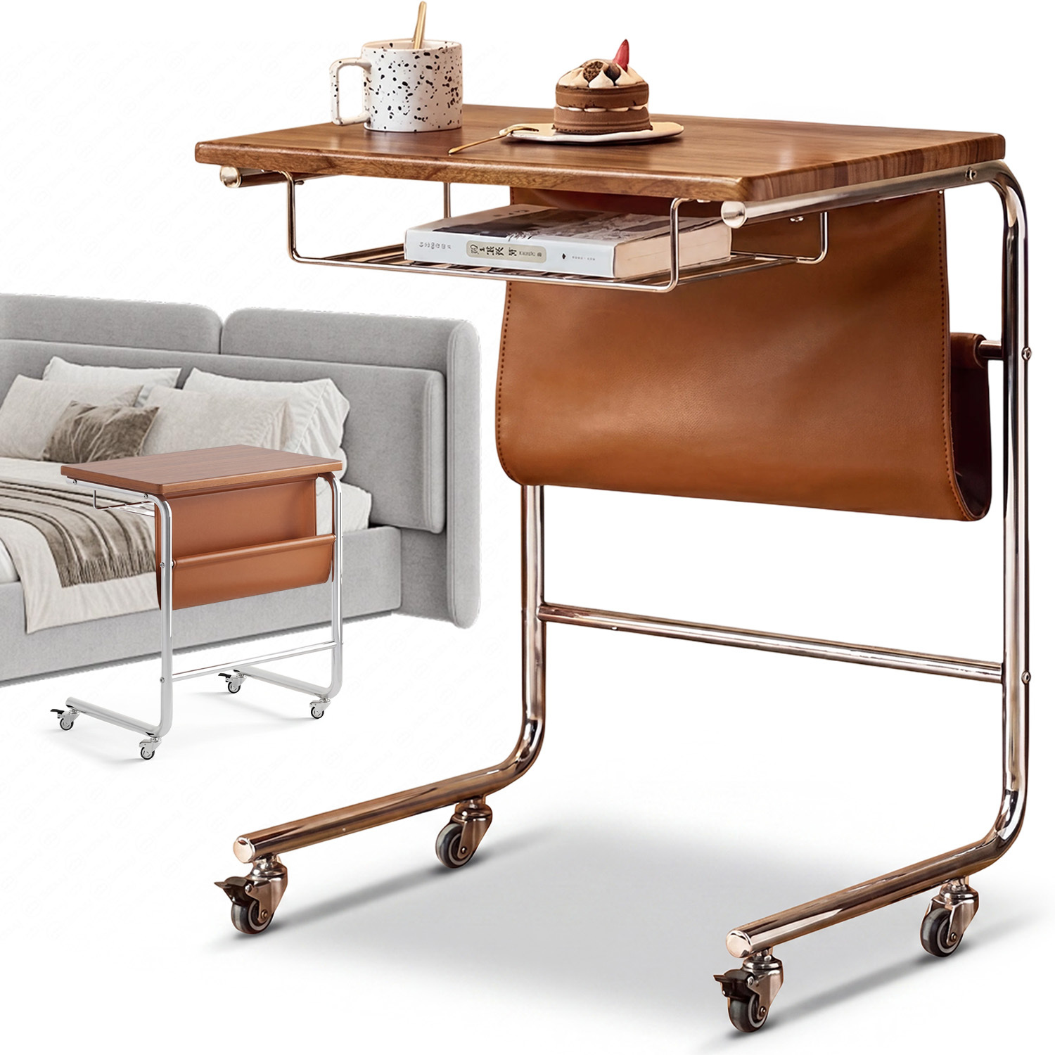Image of Portable Walnut -shaped Side Table With Rotating Casters & Storage Bag - Suitable For Living Room, Bedroom, Study - Compact Movable Table With Walnut, No For Small Spaces Placement