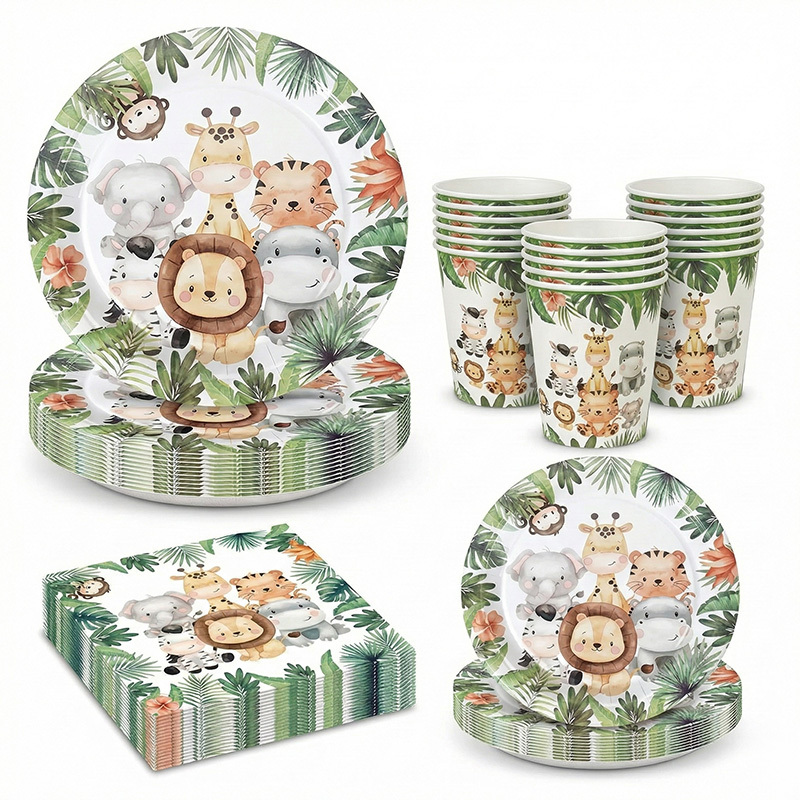 Image of 49pcs Birthday Party Supplies Animal Theme Party Tableware Set Plates Cups Napkins For Birthday And I Perfect For Halloween