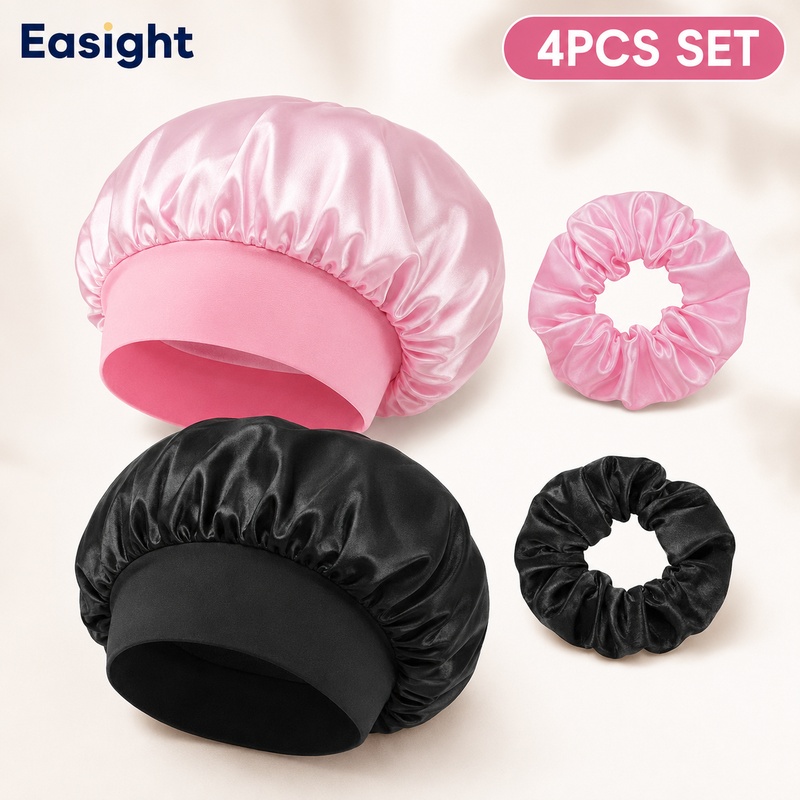 TEMU 2pcs Shower Cap + 2pcs Hair Tie Set - Solid Pink And Black, Essential Bath And Grooming Accessories For Home Use