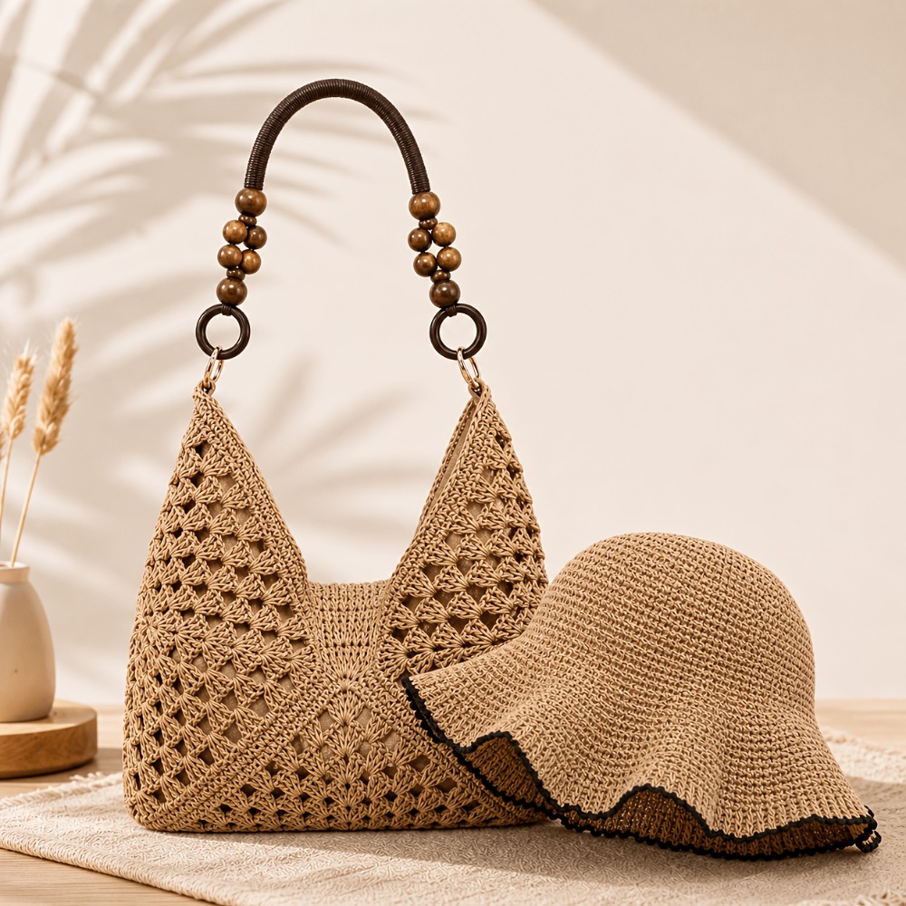 Image of Summer Seaside Vacation Woolen Crochet Bag Hat Set, Handmade Hollow Crochet Wood Bead Tote Bag, Sunshade Fisherman Hat, Versatile Two-piece Set For Travel