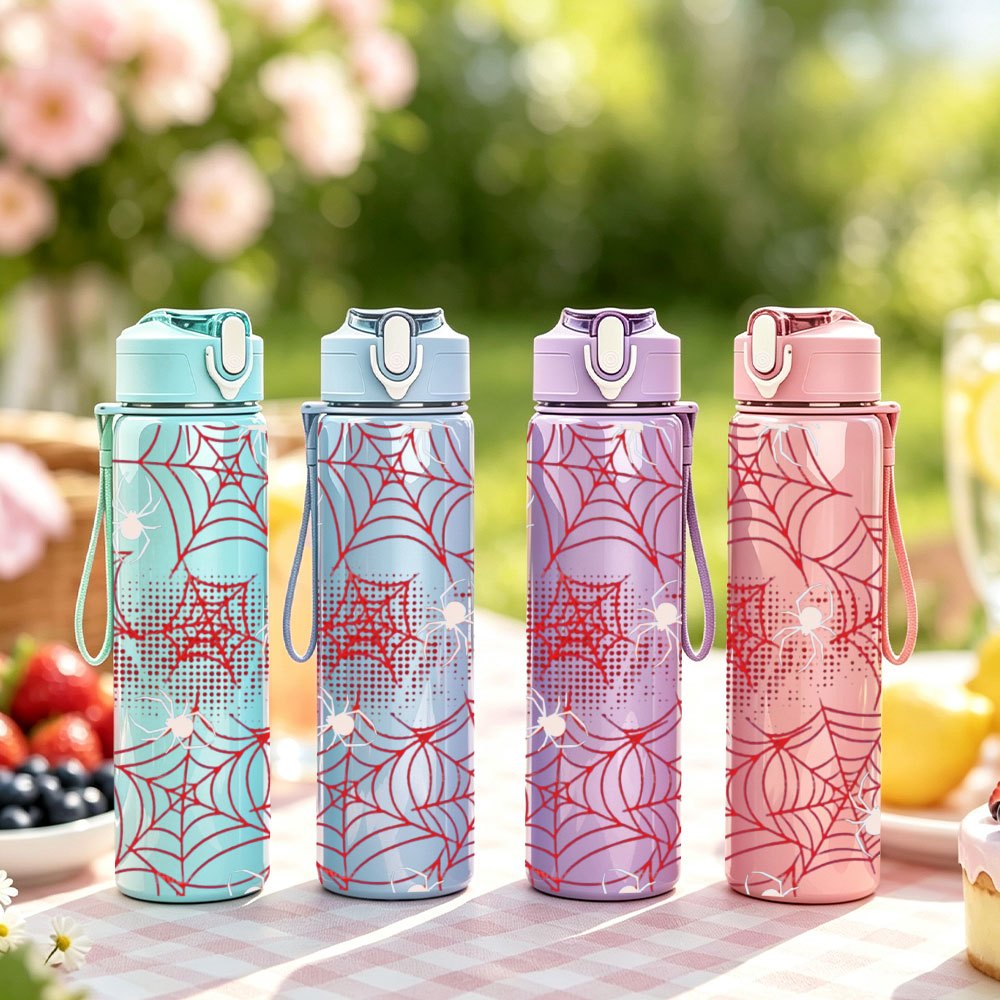 품목 사진 1개, 거미줄 라인 수동 드로잉, 750ml/26oz 컬러 플라스틱 스포츠 물병, 여행용 컵, 귀여운 프린트 디자인, 누수 방지 팝업 뚜껑, 야외 스포츠, 캠핑, 여행, 러닝에 적합, 할로윈, 크리스마스, 추수감사절 선물로 이상적