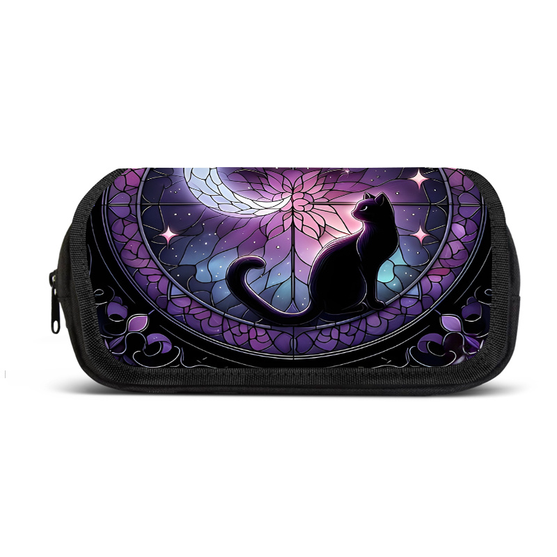TEMU 1 estuche de lápices de capa con diseño de luna llena y gato negro, equipado con una cierre de cremallera espaciosa. duradero bolso ovalado de
