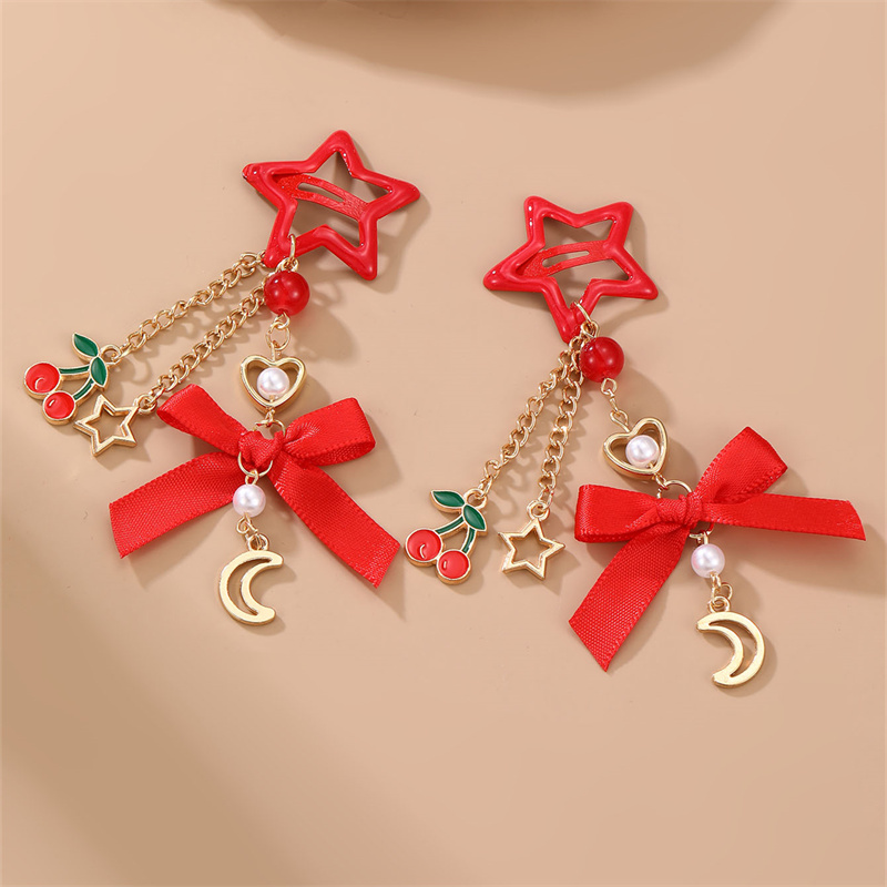 TEMU 2pcs Of Hair Clips With Cherry Pendants, Stars, , And Bow Hair Additions For Women, Stylish Hair Ornaments